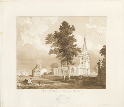 Rollestonin kirkko: punaseepiapiirros, 1836 tekijältä Thomas Peploe Wood