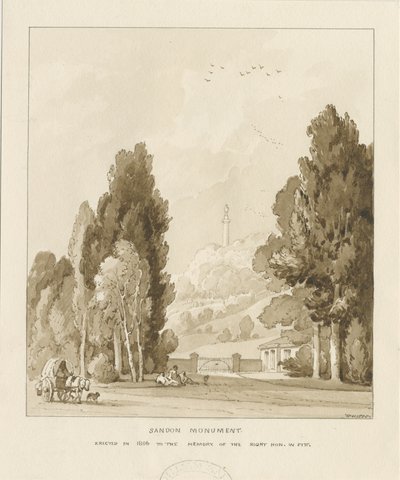 Sandon - William Pittin muistomerkki: seepiapesupiirros, 1838 tekijältä Thomas Peploe Wood