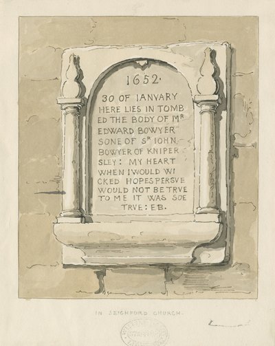 Seighford Church - Kivitaulu Edward Bowyerille: seepiapiirustus, nd [?1838] (piirustus) tekijältä Thomas Peploe Wood