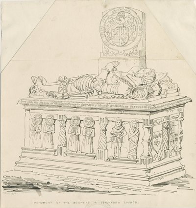 Seighford Church - William ja Mercy Bowyerin hauta: kynä- ja mustepiirustus tekijältä Thomas Peploe Wood