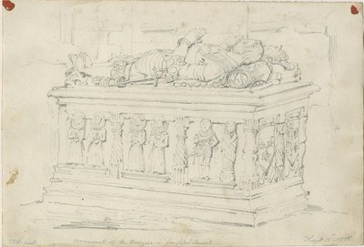 Seighford Church - William ja Mercy Bowyerin hauta: lyijykynäpiirros tekijältä Thomas Peploe Wood