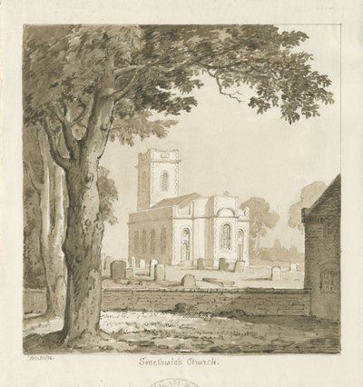 Smethwickin kirkko: seepiapiirros, 1836 tekijältä Thomas Peploe Wood