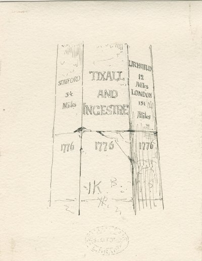 Tixall - Kivipilari, jossa ajokilometrit: kynä- ja mustepiirustus, nd [1800-luvun puoliväli] (piirustus) tekijältä Thomas Peploe Wood