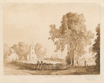 Tixallin kirkko: punaseepiapiirros, 1837 tekijältä Thomas Peploe Wood