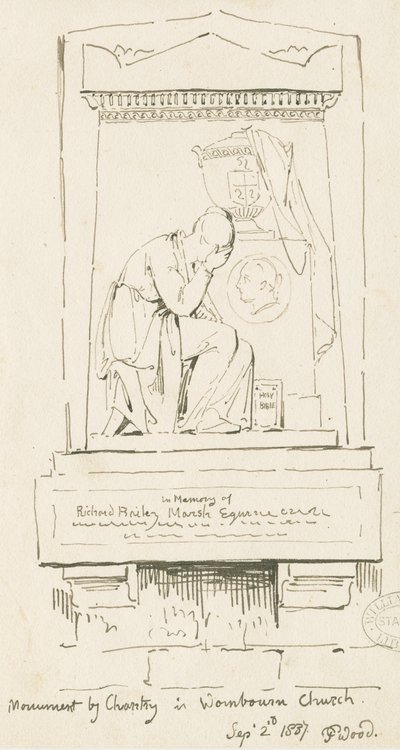 Wombournen kirkko - Muistomerkki Richard Bailey Marshille: kynä- ja seepiapiirustus, 2. syyskuuta 1837 (piirustus) tekijältä Thomas Peploe Wood