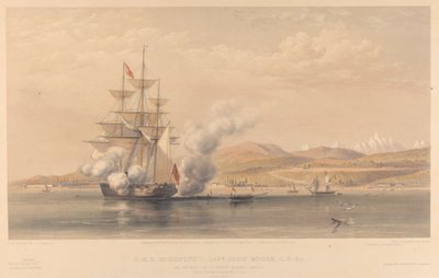 H.M.S. Highflyer kapteeni John Moore C.B. c. ankkurissa Soukoum Kaleh-Abasian edustalla, Omar Pasha poistuu aluksesta, lokakuu 1855. tekijältä Thomas Picken