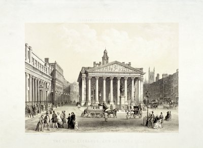 Royal Exchange ja Bank of England vasemmalla, Lontoo, 1851 tekijältä Thomas Picken