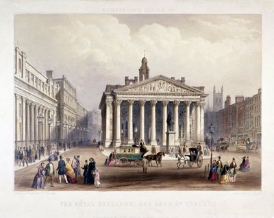 Royal Exchange ja Bank of England vasemmalla, Lontoo, 1851 tekijältä Thomas Picken