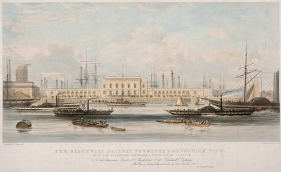 "The Blackwall Railway Terminus and Brunswick Pier", Blackwall, Poplar, Lontoo, c1840 tekijältä Thomas Picken