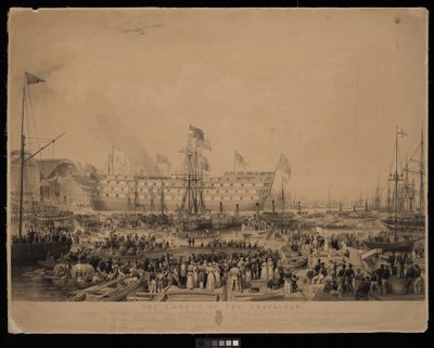 Trafalgarin vesillelasku hänen armollisen majesteettinsa kuningatar Victorian ja hänen kuninkaallisen korkeutensa prinssi Albertin läsnä ollessa Woolwichin telakalla.... tekijältä Thomas Picken