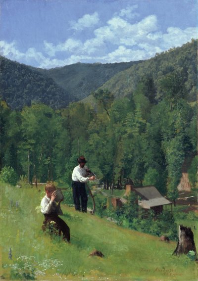 Maanviljelijä ja hänen poikansa sadonkorjuussa, 1879 tekijältä Thomas Pollock Anschutz