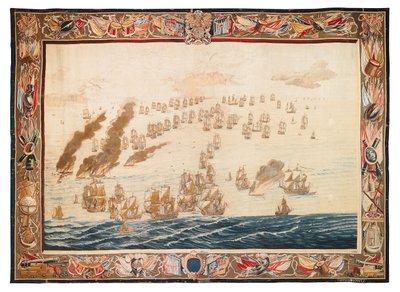 Historiallinen kuvakudos taistelusta Solebayssa, Mortlakessa, William van de Velden suunnitelmat, n. 1688 tekijältä Thomas Poyntz