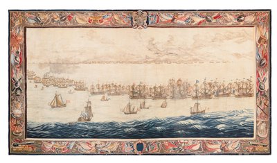Historiallinen kuvakudos taistelusta Solebayssa, Mortlakessa, William van de Velden suunnitelmat, n. 1688 tekijältä Thomas Poyntz