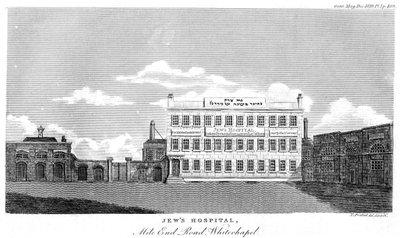 Jews Hospital, Mile End Road, Whitechapel, Lontoo, 1700-luvun loppu tai 1800-luvun alku. tekijältä Thomas Prattent