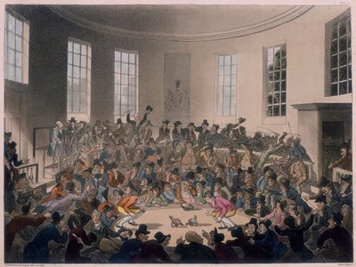Miehet katsomassa kukkotaistelua, 1700-luvun loppu - 1800-luvun alku tekijältä Thomas Rowlandson, Augustus Charles Pugin