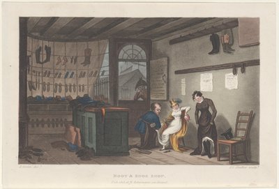 Boot & Shoe Shop, teoksesta Poetical Sketches of Scarborough, 1813, 1813. Tekijät: Thomas Rowlandson, Joseph Constantine Stadler, J. Bluck. tekijältä Thomas Rowlandson, Joseph Constantine Stadler, J. Bluck