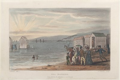 Sea Bathing, teoksesta Poetical Sketches of Scarborough, 1813., 1813. Tekijät: Thomas Rowlandson, Joseph Constantine Stadler, J. Bluck. tekijältä Thomas Rowlandson, Joseph Constantine Stadler, J. Bluck