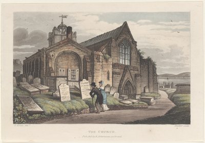 The Church, teoksesta Poetical Sketches of Scarborough, 1813., 1813. Tekijät: Thomas Rowlandson, Joseph Constantine Stadler, J. Bluck. tekijältä Thomas Rowlandson, Joseph Constantine Stadler, J. Bluck