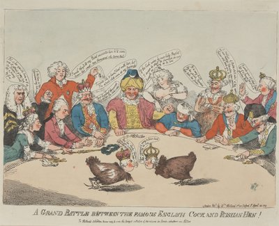 Suuri taistelu kuuluisan englantilaisen kukon ja venäläisen kanan välillä! tekijältä Thomas Rowlandson