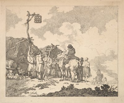 Messut - Ryhmä mustalaisia - Miehet ja naiset maalaismaisissa vaatteissa kahden tilapäisen Te...n edessä, 1786. tekijältä Thomas Rowlandson