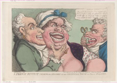 Ranskalainen hammaslääkäri, joka näyttää näytettä tekohammastaan ja väärästä kitalaesta..., 26. helmikuuta 1811. tekijältä Thomas Rowlandson