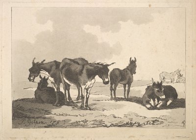 Viiden aasin ryhmä, kolme seisovaa, kaksi makaa, 1783-87. tekijältä Thomas Rowlandson