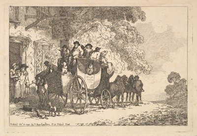 Täynnä matkustajia oleva postivaunu postitalon edessä tekijältä Thomas Rowlandson