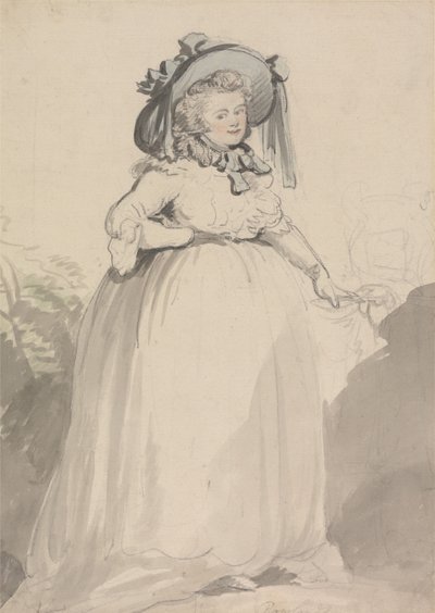 Nainen valkoisessa mekossa, jolla on sininen hattu tekijältä Thomas Rowlandson