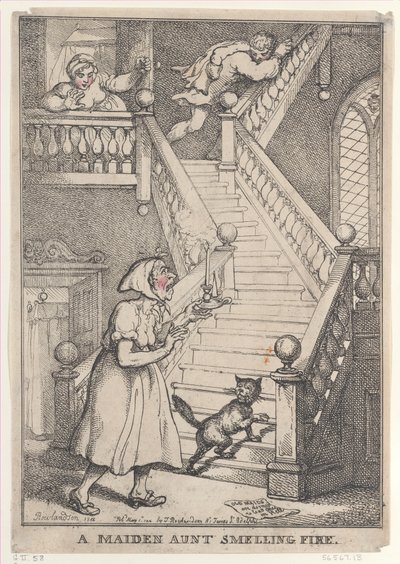 A Maiden Aunt Smeling Fire, [1. toukokuuta 1806], julkaistu uudelleen 1. toukokuuta..., [1. toukokuuta 1806], uusintapainos 1. toukokuuta 1812. tekijältä Thomas Rowlandson