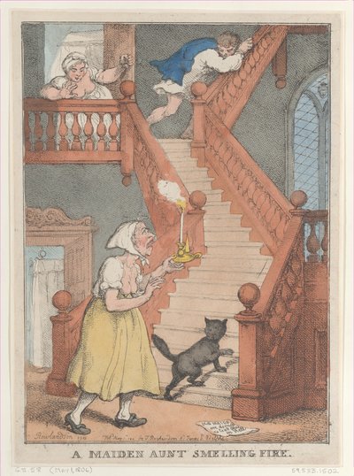 A Maiden Aunt Smeling Fire, [1. toukokuuta 1806], julkaistu uudelleen 1. toukokuuta..., [1. toukokuuta 1806], uusintapainos 1. toukokuuta 1812. tekijältä Thomas Rowlandson