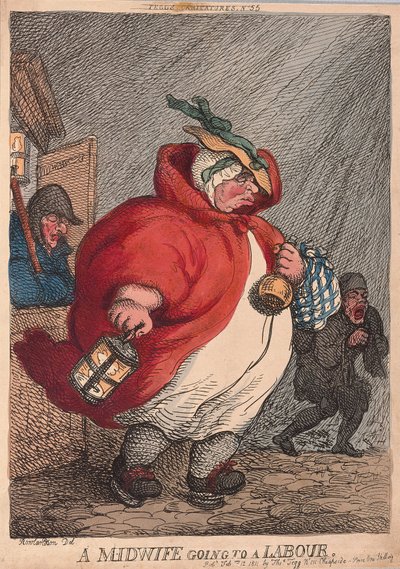 Kätilö menee työväen, pubiin. 1811 (käsinvärinen kaiverrus) tekijältä Thomas Rowlandson
