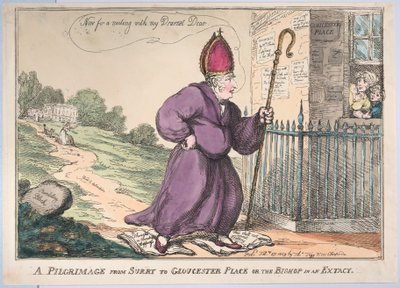 Pyhiinvaellus Surrysta Gloucester Placeen tai piispaan Extacyssa, 27. helmikuuta 1809. tekijältä Thomas Rowlandson