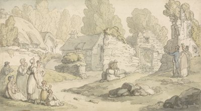 Kyläkohtaus hahmoineen ja raunioina rakennuksilla (akvarelli, kynä ja muste ja kynä paperille) tekijältä Thomas Rowlandson