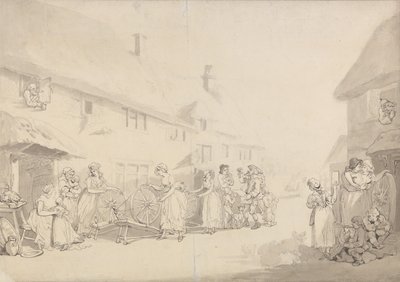 Kylämaisema, jossa tytöt kehräävät tekijältä Thomas Rowlandson