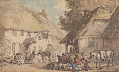 Kylän katu, jota pitkin ajetaan karjaa ja lampaita tekijältä Thomas Rowlandson