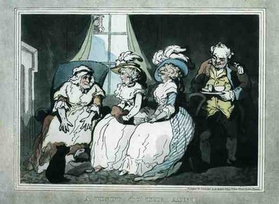 "Vierailu tädin luona", akvatintti, Francis Jukes (1747-1812), julkaisija E. Jackson. tekijältä Thomas Rowlandson