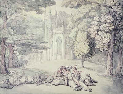Yliopistovihreä, jossa ryhmä neitoja ja nuoria herroja etualalla, n. 1810-1815 (kynä & muste ja akvarelli kynällä paperille) tekijältä Thomas Rowlandson