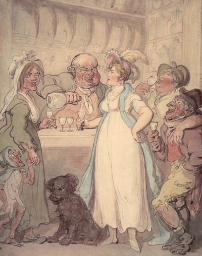Nuori viehättävä nainen tutustuu ginin juomisen "nautuihin", c1810 tekijältä Thomas Rowlandson