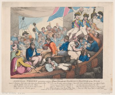 Amiraali Nelson luomassa rohkeita tervojaan loistavan taistelun jälkeen..., 20. lokakuuta 1798. tekijältä Thomas Rowlandson