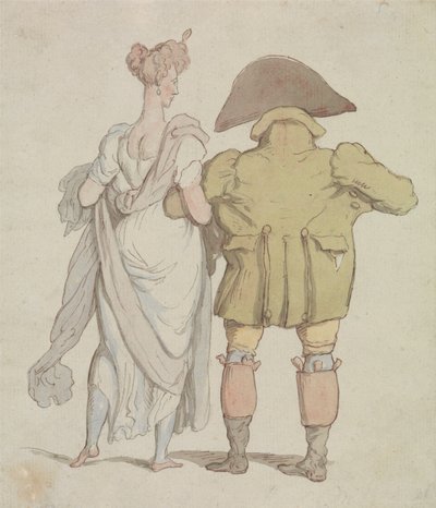 Iäkäs uroshirvi kävelemässä naisen seurassa tekijältä Thomas Rowlandson