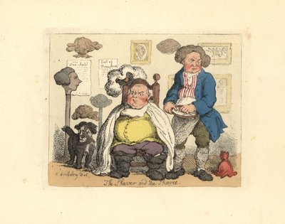 Parturi ja asiakas peruukkeilla koristellussa parturissa. tekijältä Thomas Rowlandson