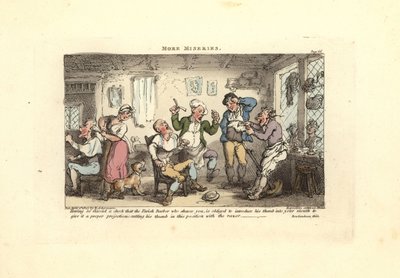 Parturi leikkaa peukaloaan yrittäessään ajaa asiakkaan parranajon. tekijältä Thomas Rowlandson