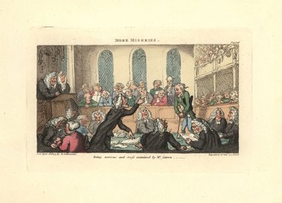 Hermostunut ja herra Garrow ristinkuulustelu. tekijältä Thomas Rowlandson