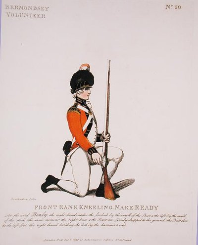 Bermondsey Volunteer, levy 50 julkaisusta "Loyal Volunteers of London and Environs", julkaistu 1798 (väri litho) tekijältä Thomas Rowlandson
