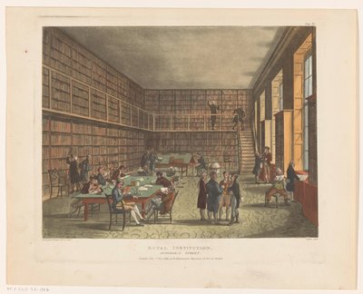 Lontoon kuninkaallisen instituutin kirjasto Royal Institution, Albemarle Street (otsikko esineessä) tekijältä Thomas Rowlandson