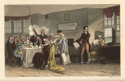 Old Bell Innin aamiaishuone, Scarborough. Vieraat juomassa kahvia, lukemassa sanomalehtiä ja syömässä aamiaista Regency-huoneessa. Käsinvärinen kuparikaiverrus Thomas Rowlandson, akvatinta J. Bluck, J. Greenin Poetical Sketche -luonnoksen jälkeen tekijältä Thomas Rowlandson