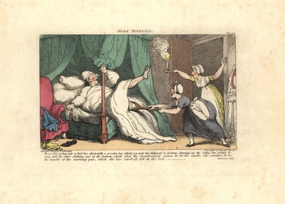 Huoneneito vetää nukkuvan vieraan puujalkaa. tekijältä Thomas Rowlandson