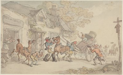 Hevosten vaihtaminen postiasemalla Ranskassa tekijältä Thomas Rowlandson
