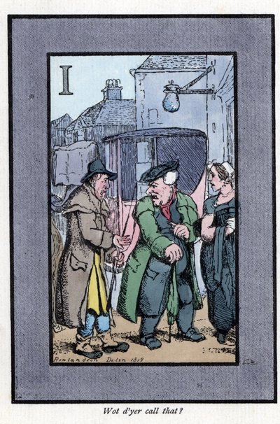 Tarkista Hackney valittelemassa matkustajille pienistä tippeista (1819). Puukaiverrus, joka perustuu Thomas Rowlandsonin (1756-1827) maalaukseen, julkaistu The Cris of London -lehdessä: kuusi viehättävää lasta ja lähes 40 kuvitusta, Andrew Tuer, Field ja T tekijältä Thomas Rowlandson