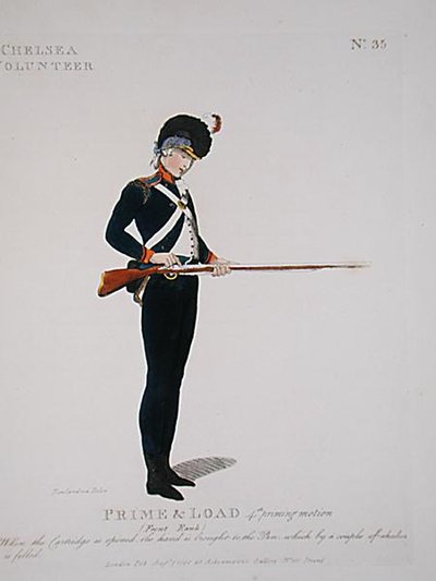 Chelsea Volunteer, levy 35 julkaisusta "Loyal Volunteers of London and Environs", julkaistu 1798 (väri litho) tekijältä Thomas Rowlandson